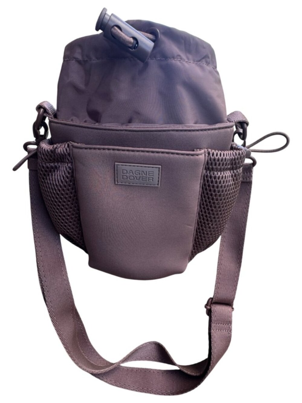 Dagne Dover Essentials Drawstring Crossbody Bag In Dark Taupe With Mesh Pockets